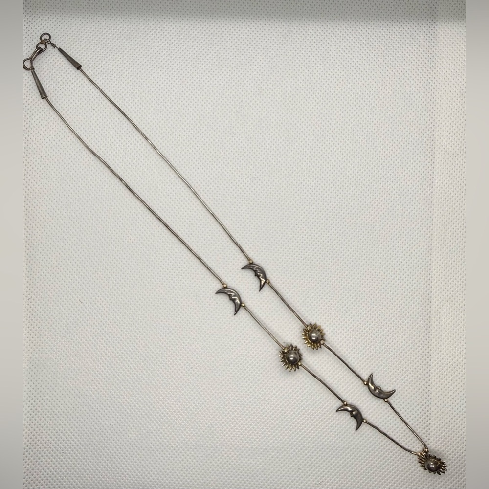 Silver Crescent and Sun Necklace